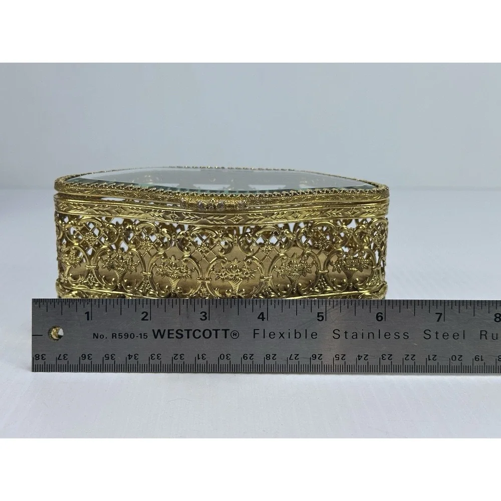 Vintage Jewelry Box Casket Filigree Ormolu Style Footed Hollywood Regency Glass